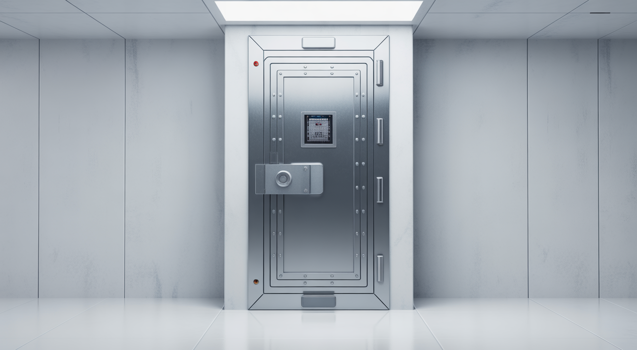 High-security safe room door with advanced design and metallic finish, representing ultimate personal protection and peace of mind.
