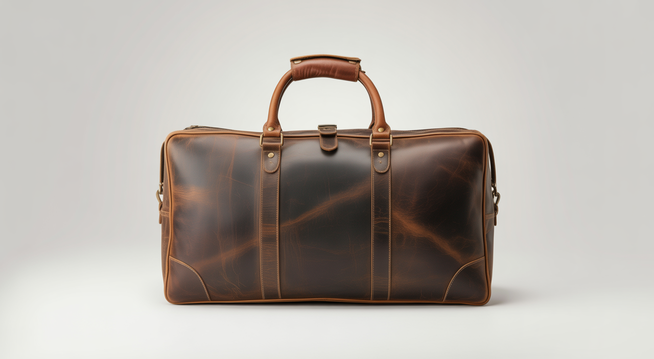 Close-up of a vintage full-grain leather duffle bag with brass hardware on a white background, symbolizing timeless style and adventure.
