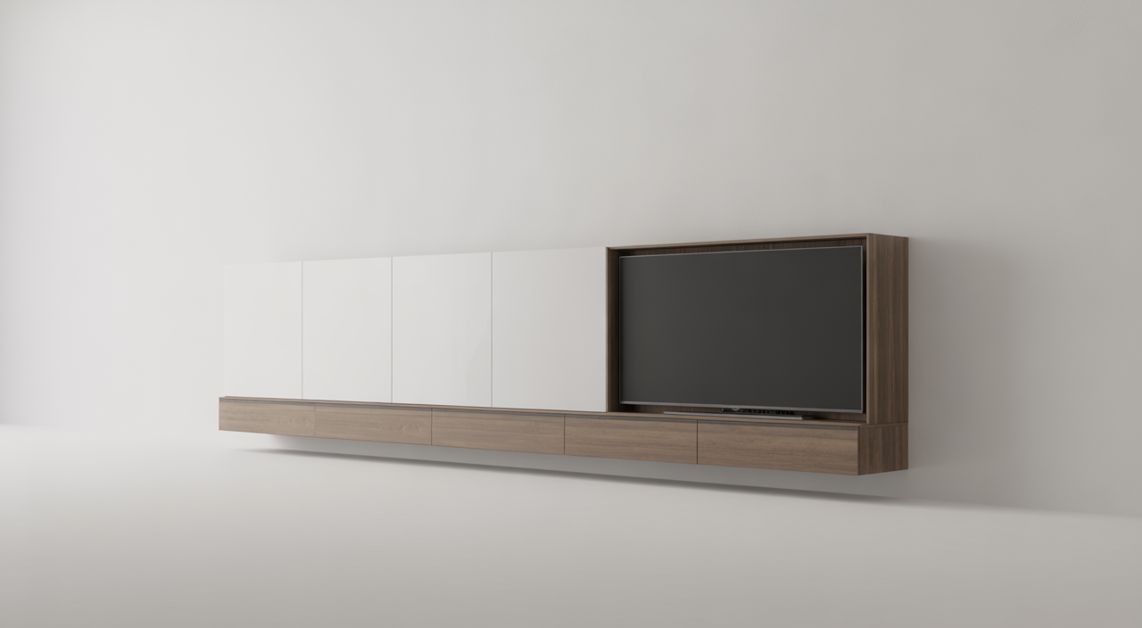 Sleek modern media wall with integrated storage and display shelves
