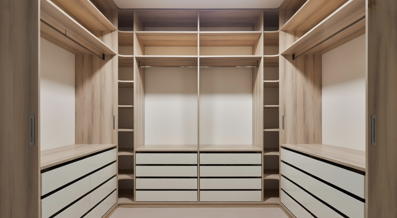 Modern fitted walk in wardrobe interior with stylish storage and clean design