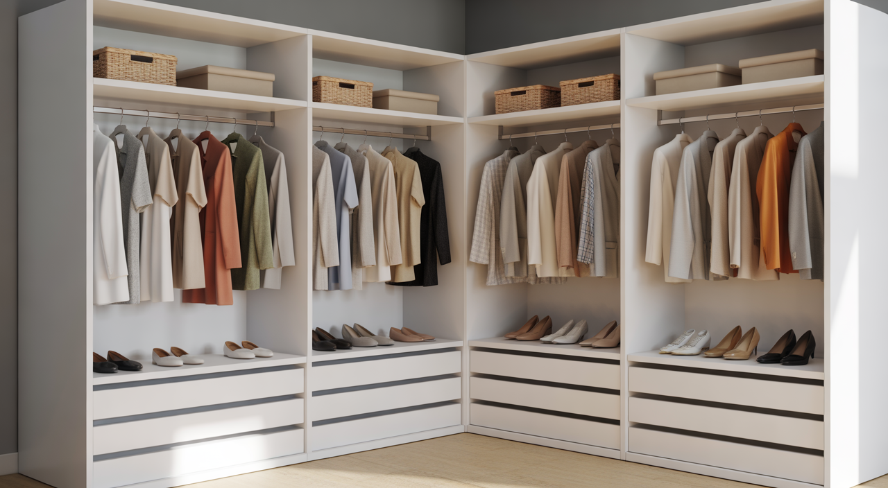 Modern fitted walk in wardrobe with organised storage and lighting