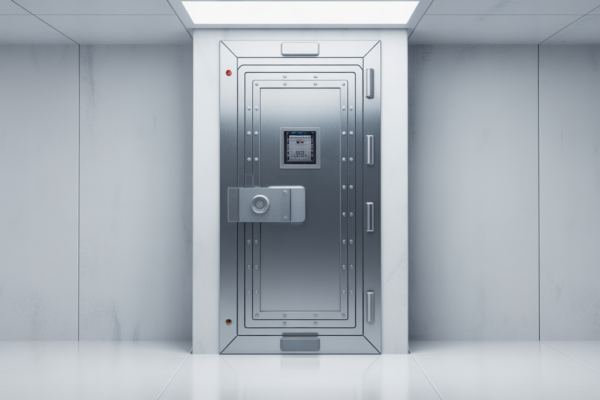 High-security safe room door with advanced design and metallic finish, representing ultimate personal protection and peace of mind.