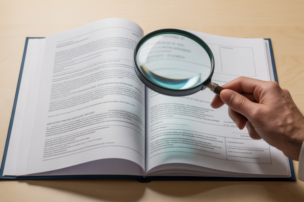 Hand with a magnifying glass meticulously reviewing a complex medical research paper, symbolizing expert editing for publication.