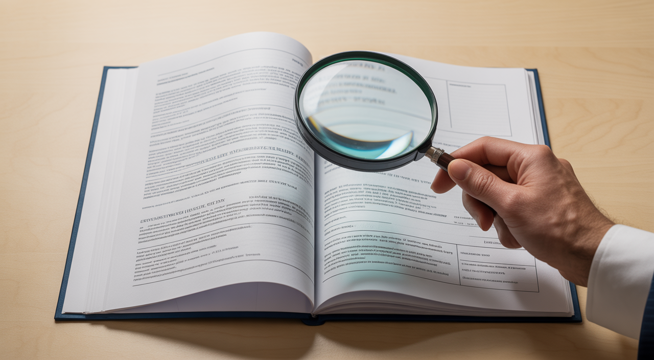 Hand with a magnifying glass meticulously reviewing a complex medical research paper, symbolizing expert editing for publication.
