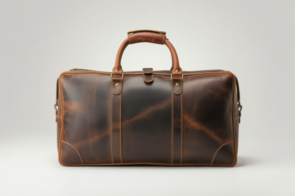 Close-up of a vintage full-grain leather duffle bag with brass hardware on a white background, symbolizing timeless style and adventure.