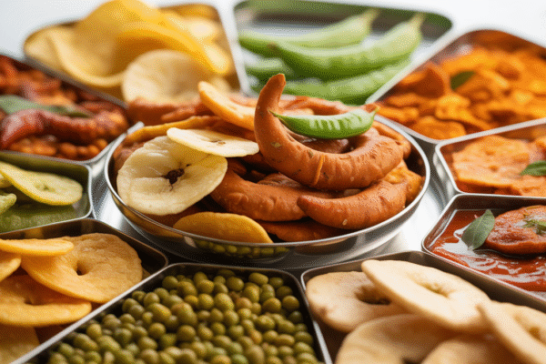 Assortment of organic South Indian snacks: banana chips, bhuja, spicy peas