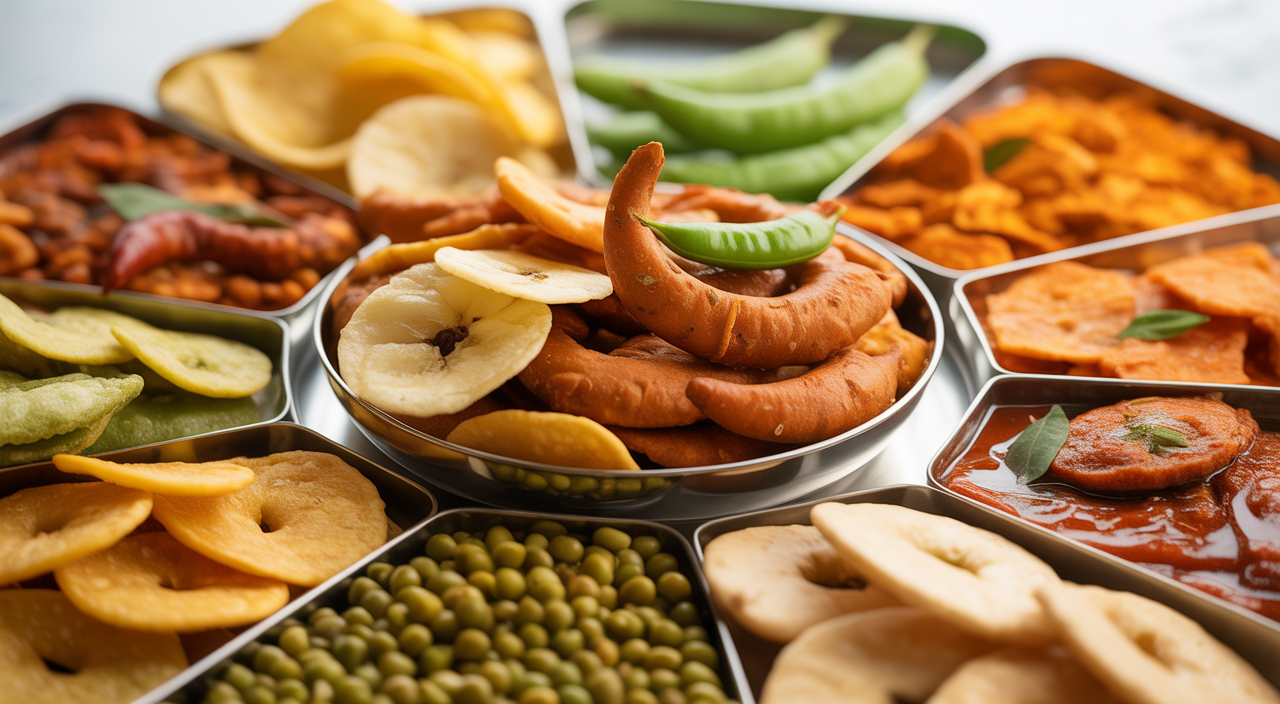 Assortment of organic South Indian snacks: banana chips, bhuja, spicy peas