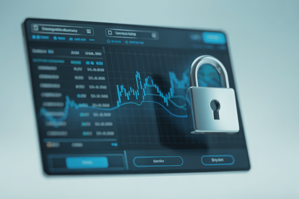 Digital interface of a top-rated cryptocurrency exchange with secure elements and market data, symbolizing financial technology and security.