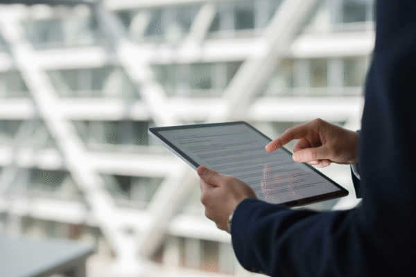 A person reviewing legal documents on a tablet, symbolizing a SaaS business establishing a strong legal foundation and strategic planning.