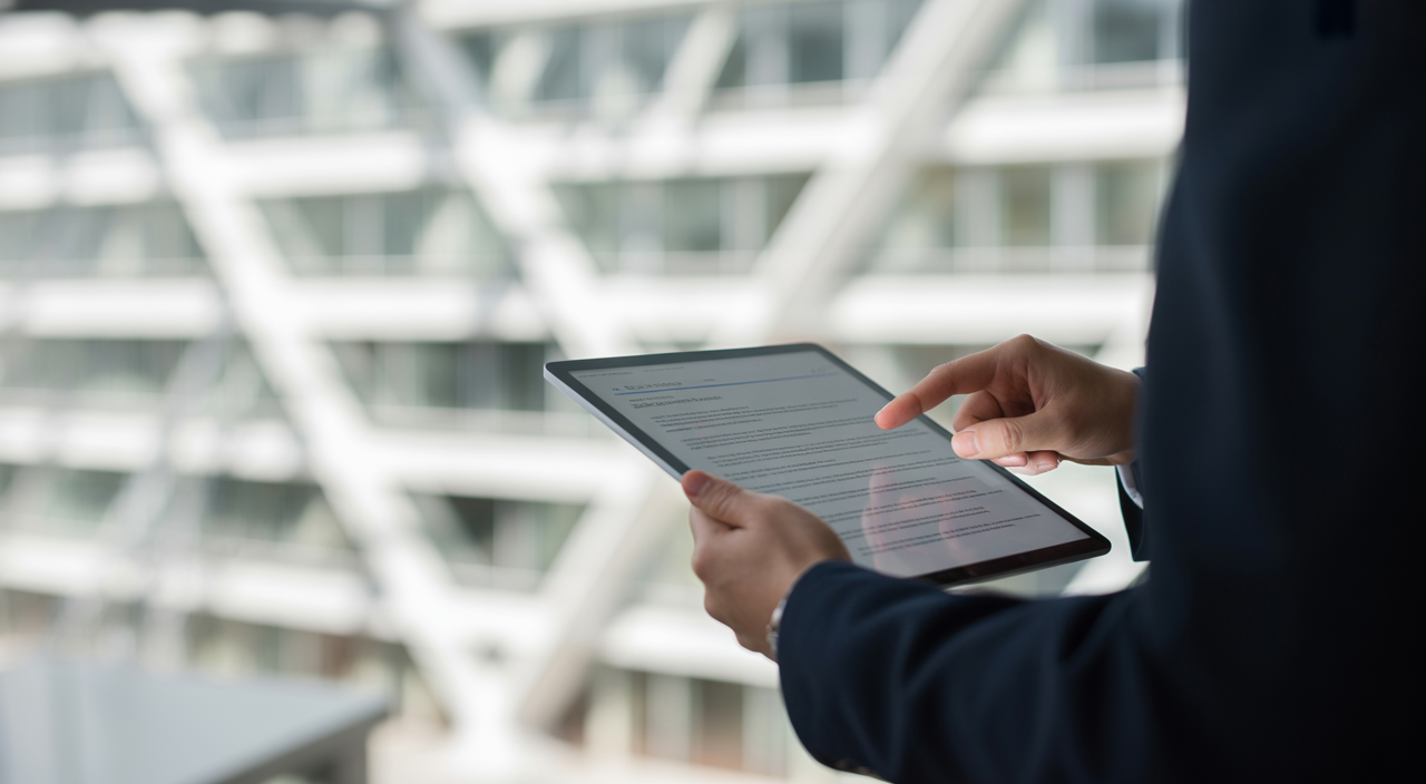A person reviewing legal documents on a tablet, symbolizing a SaaS business establishing a strong legal foundation and strategic planning.