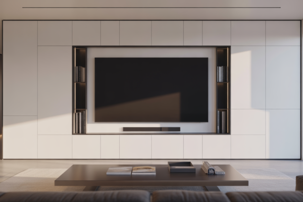 Modern living room with a sleek, integrated media wall, showcasing organized entertainment and contemporary design.