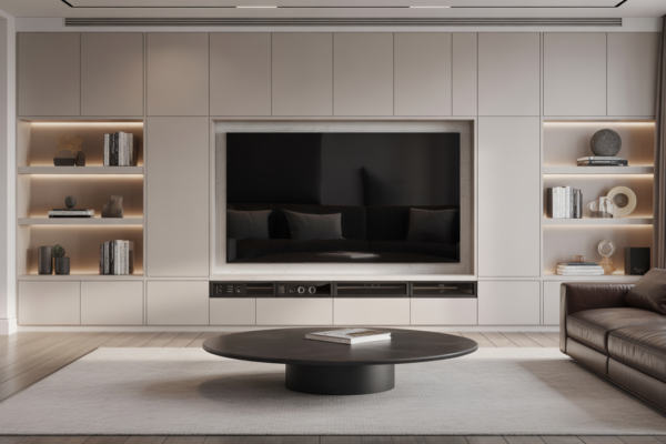 Luxurious modern media wall in a sophisticated UK living room with integrated TV and sleek storage.