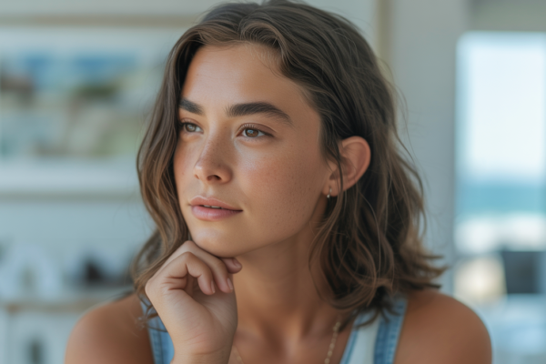 Young woman looking thoughtful, representing an egg donor in San Diego, symbolizing purpose and opportunity