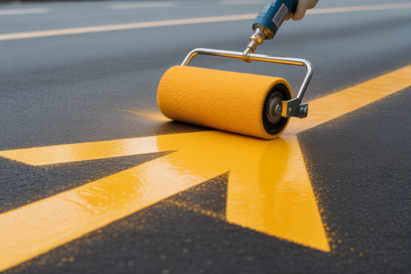 Close-up of a road marking stencil with yellow paint being applied to an asphalt surface, highlighting precision and clarity for road safety.