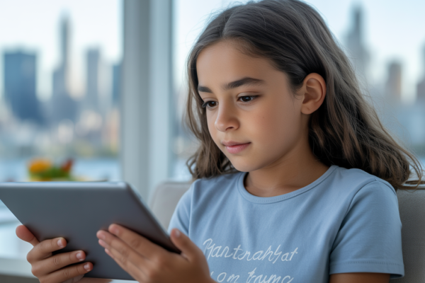 Teenager engaged in a telehealth session on a tablet, with a soft-focus Manhattan city view in the background, symbolizing virtual mental health support.