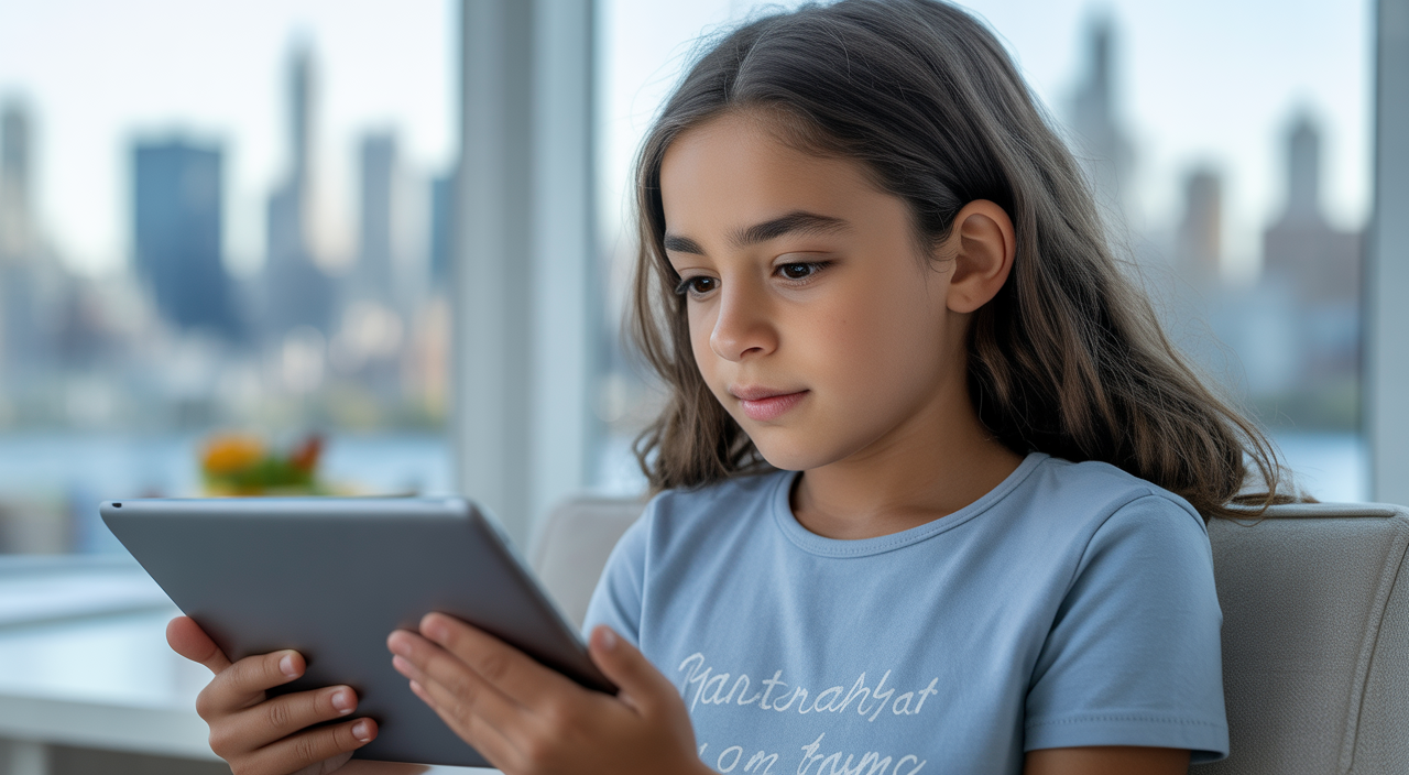 Teenager engaged in a telehealth session on a tablet, with a soft-focus Manhattan city view in the background, symbolizing virtual mental health support.