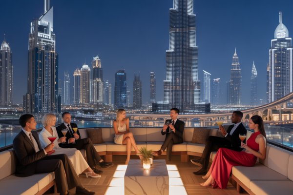 Panoramic view of a luxury rooftop bar overlooking the dazzling Dubai skyline at night, with people enjoying drinks.