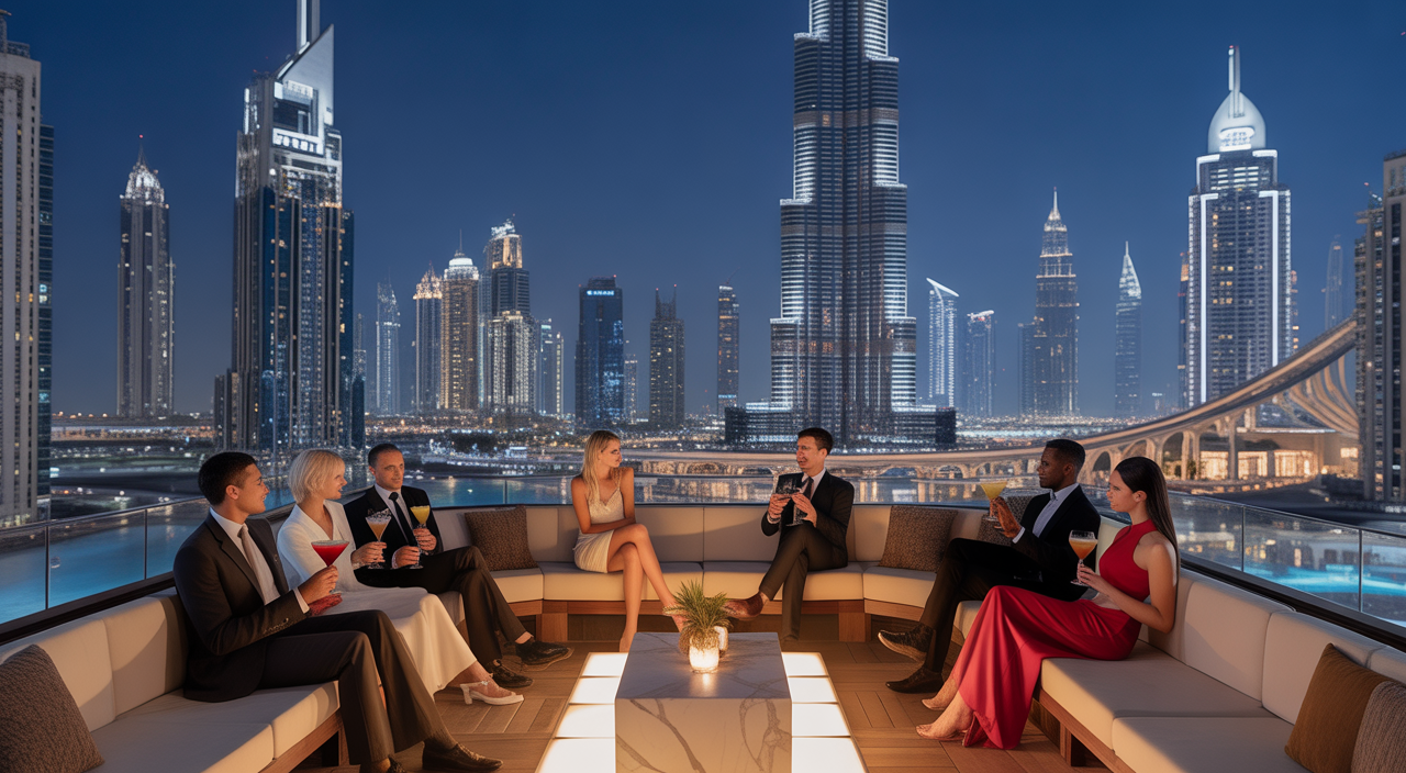 Panoramic view of a luxury rooftop bar overlooking the dazzling Dubai skyline at night, with people enjoying drinks.