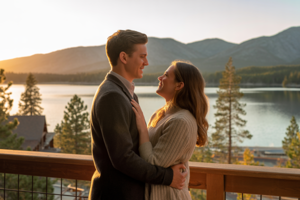 Couple embracing on a lodge balcony with a sunset view of Big Bear Lake and mountains