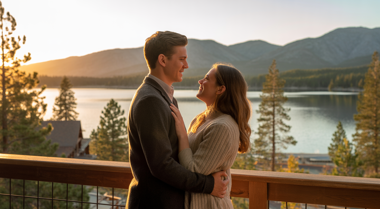 Couple embracing on a lodge balcony with a sunset view of Big Bear Lake and mountains