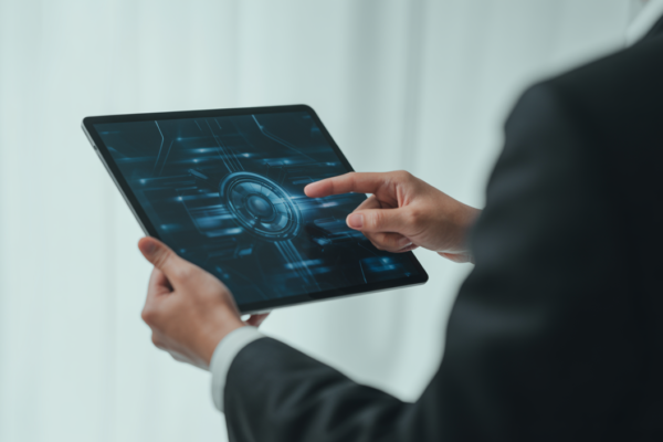 Digital platform for regulatory compliance in India, person using a tablet with a secure online portal interface.