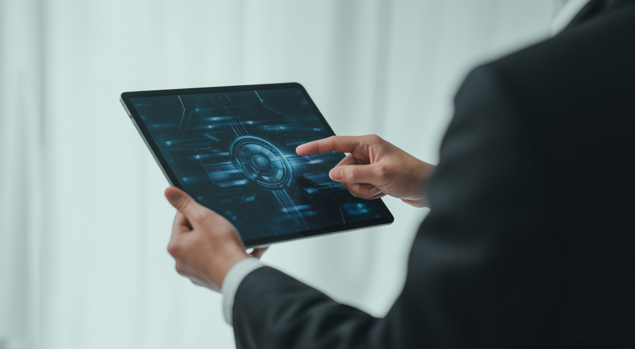 Digital platform for regulatory compliance in India, person using a tablet with a secure online portal interface.