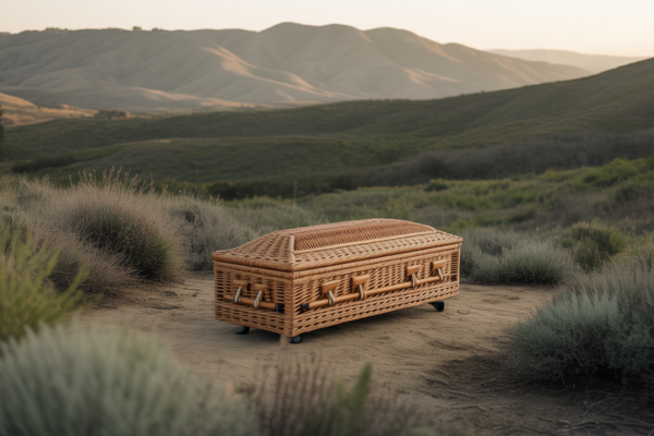 A serene Southern California natural landscape at dawn with a biodegradable wicker casket, symbolizing a natural funeral and return to nature.