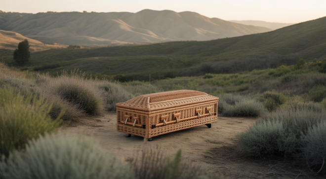 A serene Southern California natural landscape at dawn with a biodegradable wicker casket, symbolizing a natural funeral and return to nature.