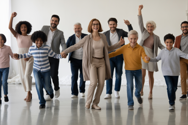 Diverse group of people of all ages dancing together in a bright studio, symbolizing community and inclusive movement.