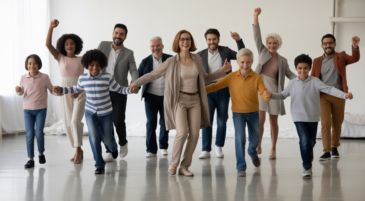 Diverse group of people of all ages dancing together in a bright studio, symbolizing community and inclusive movement.