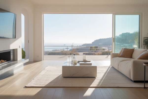 Sparkling modern living room interior representing professional home cleaning services in Santa Cruz.