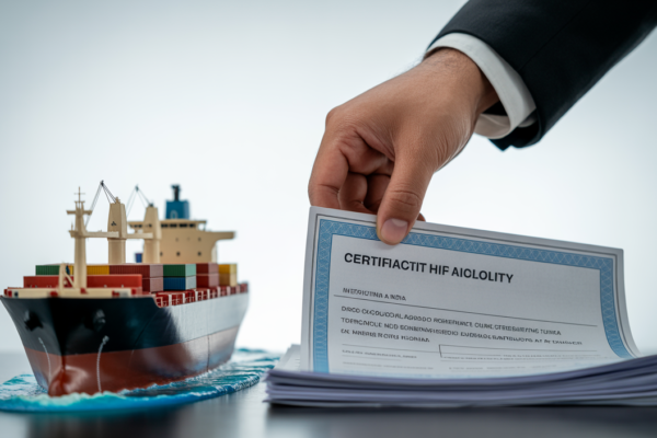 Hand placing an EPR compliance document next to a cargo ship model, symbolizing import regulations and environmental responsibility in India.