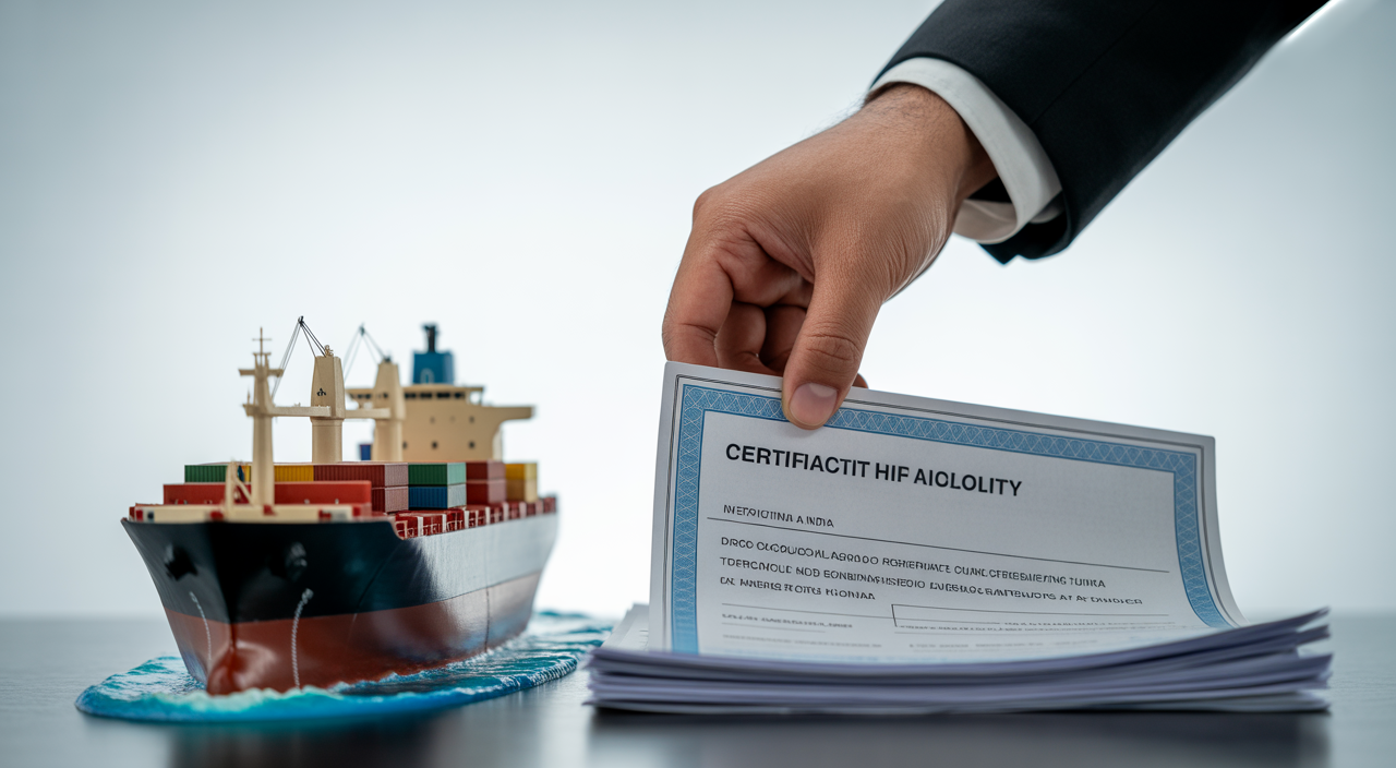 Hand placing an EPR compliance document next to a cargo ship model, symbolizing import regulations and environmental responsibility in India.
