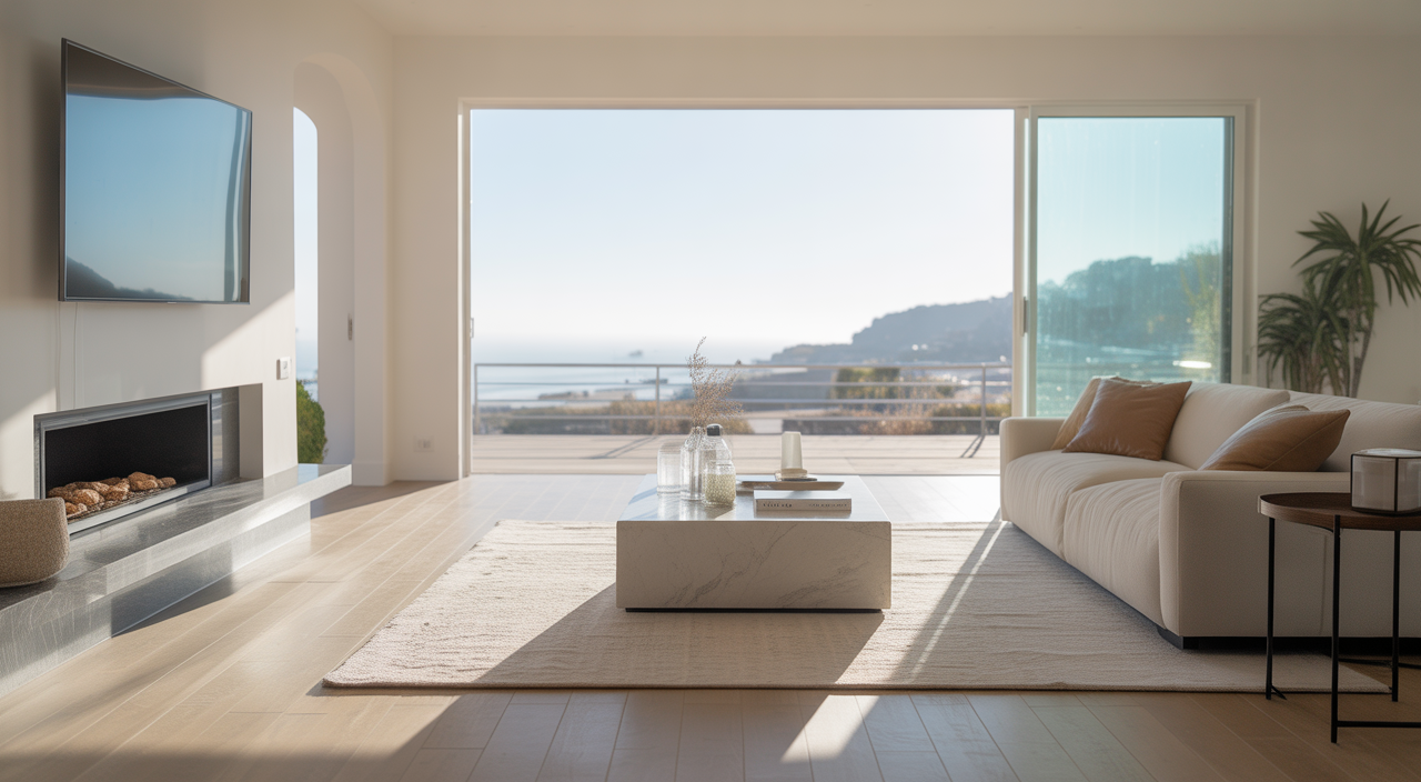 Sparkling modern living room interior representing professional home cleaning services in Santa Cruz.