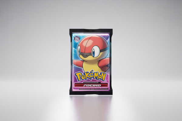 Sealed rare Pokémon card booster pack with vibrant collectible artwork on a clean white background.