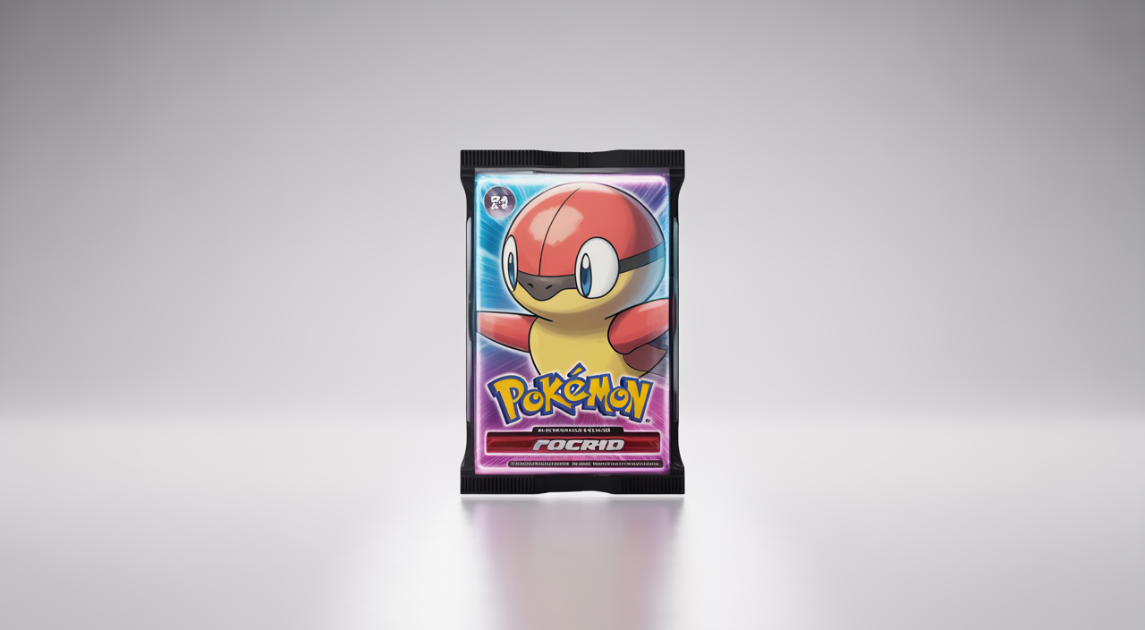Sealed rare Pokémon card booster pack with vibrant collectible artwork on a clean white background.