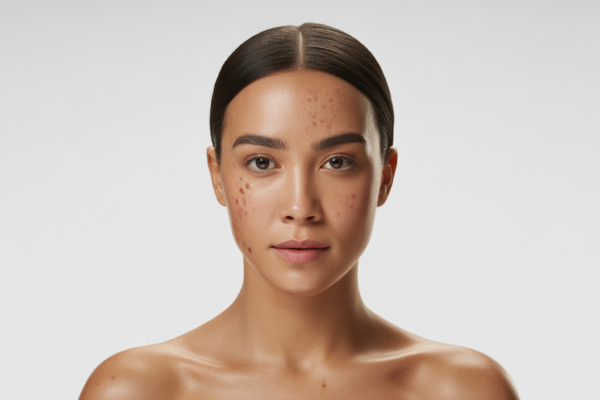 Confident woman showing smooth radiant skin after acne scar treatment on white background