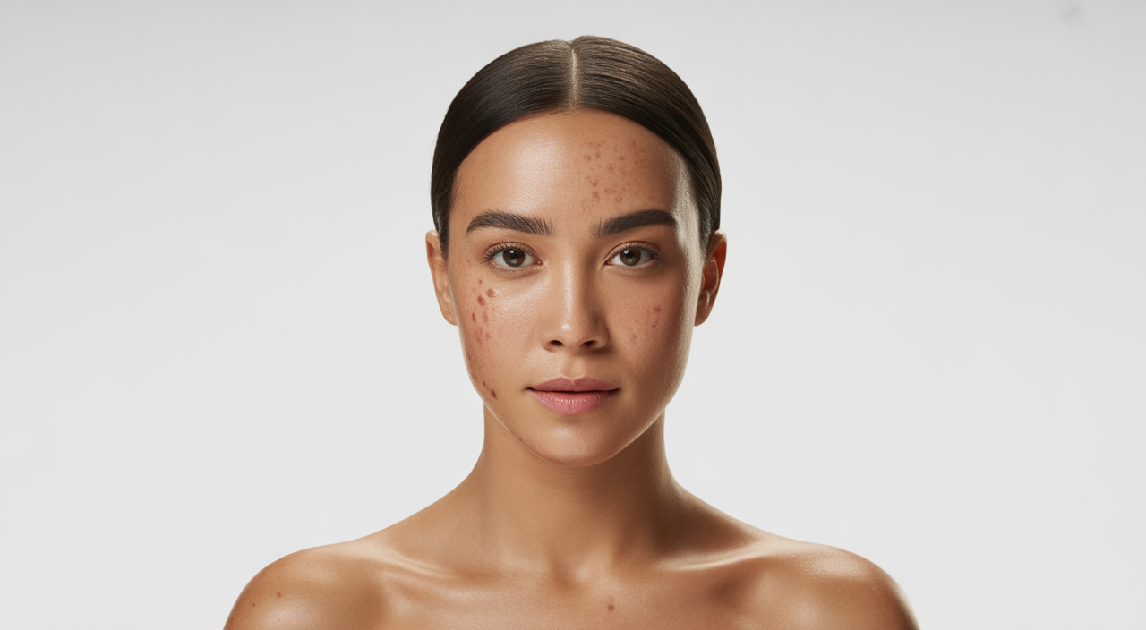 Confident woman showing smooth radiant skin after acne scar treatment on white background