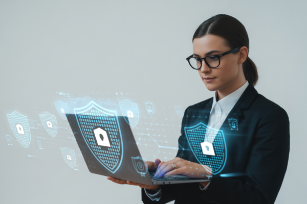 Business professional working on laptop with digital cybersecurity icons, representing cybersecurity consulting in Canada