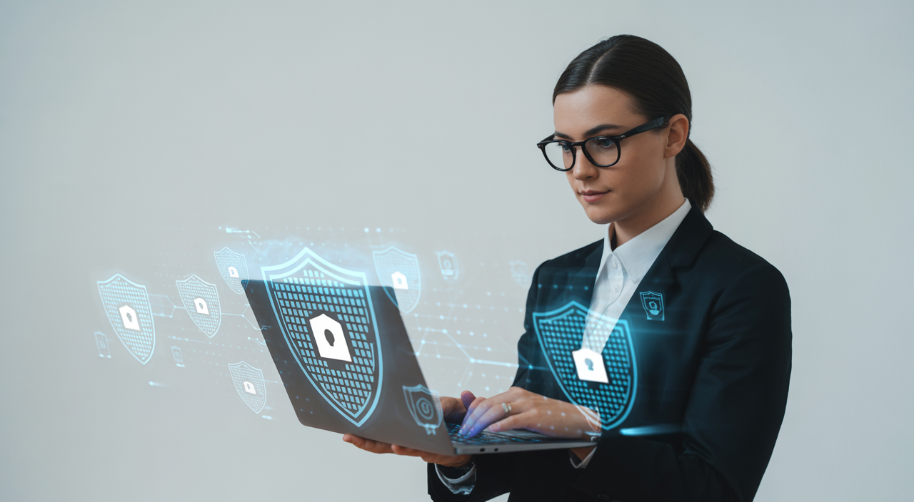 Business professional working on laptop with digital cybersecurity icons, representing cybersecurity consulting in Canada