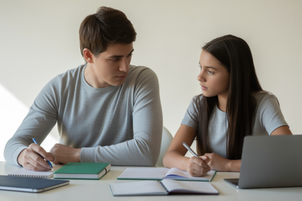Photorealistic image of a parent and teenager reviewing college planning documents together with a laptop on a white background