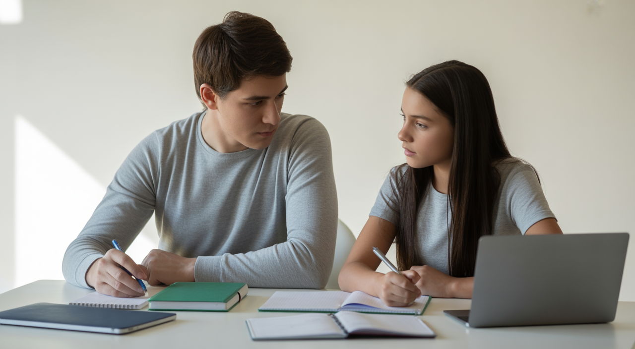 Photorealistic image of a parent and teenager reviewing college planning documents together with a laptop on a white background