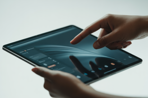 User interacting with a well-designed digital product on a tablet, showcasing positive user experience and intuitive interface.