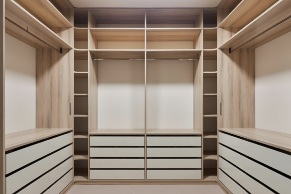 Modern fitted walk in wardrobe interior with stylish storage and clean design