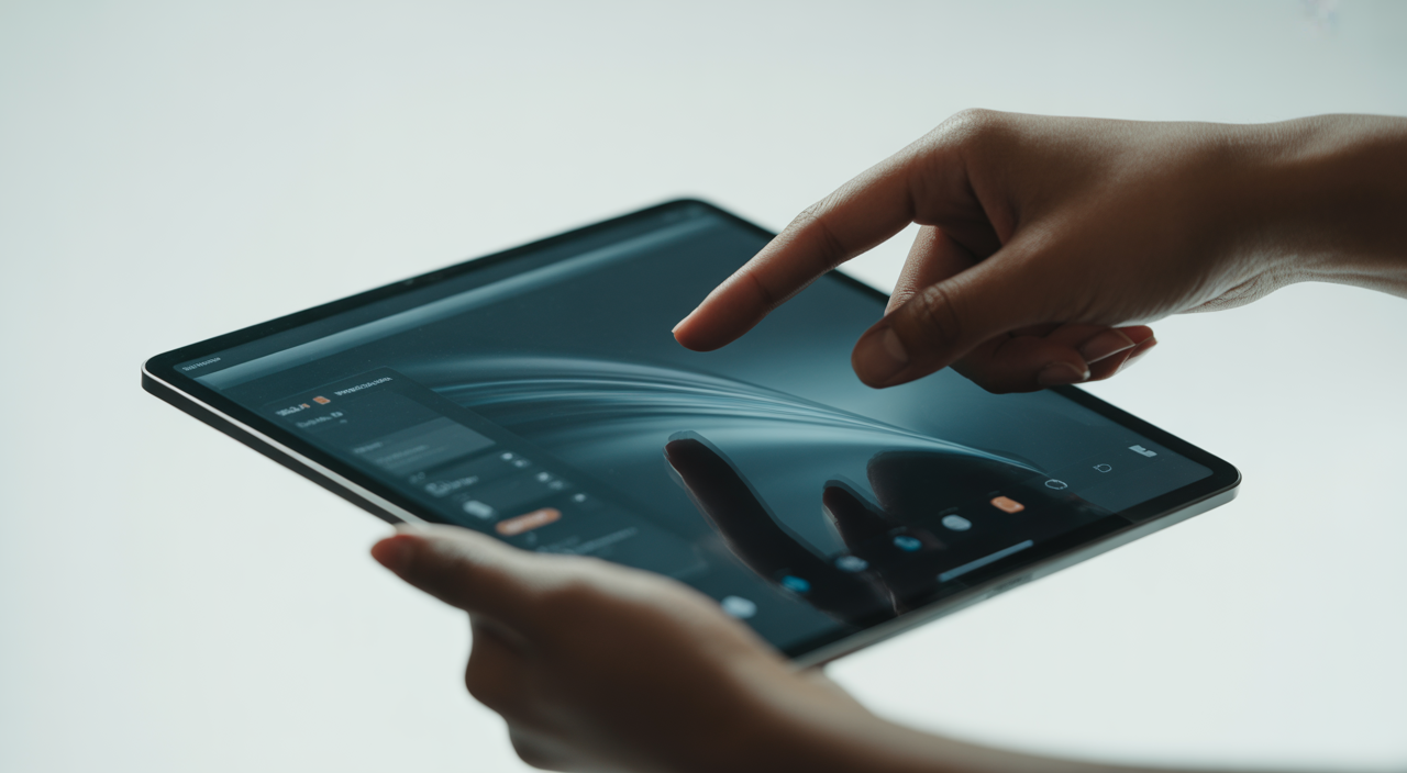 User interacting with a well-designed digital product on a tablet, showcasing positive user experience and intuitive interface.