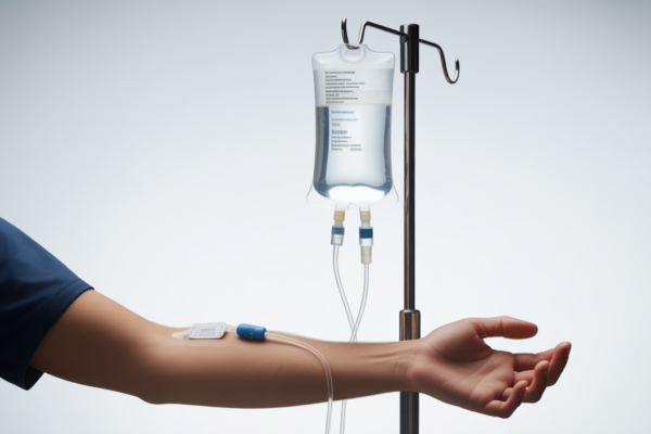 High-quality photo of IV therapy session showing intravenous drip connected to patient's arm on a clean white background