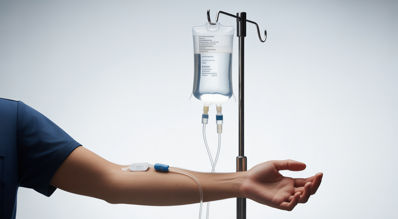 High-quality photo of IV therapy session showing intravenous drip connected to patient's arm on a clean white background