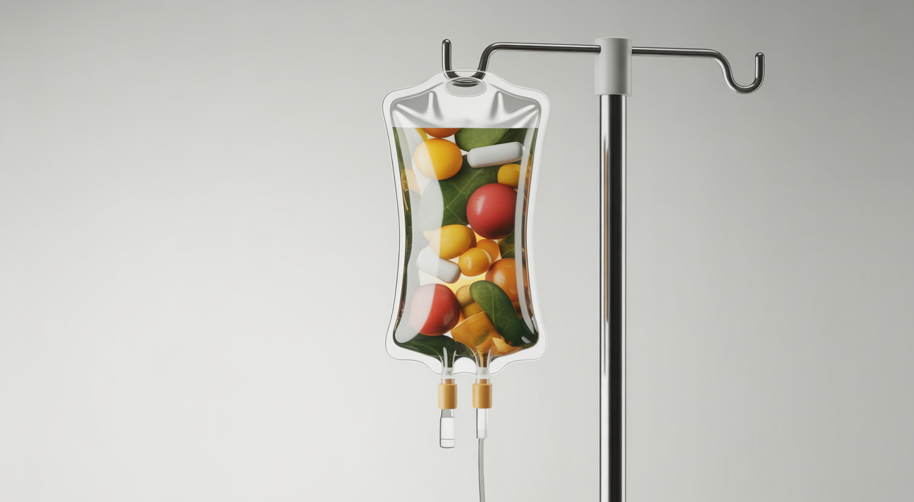 Patient receiving IV therapy drip in a clinical setting to restore hydration and nutrients