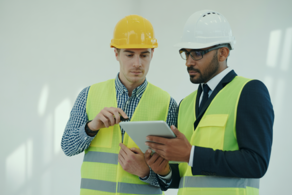 Modern architect and builder collaborating on digital building plans representing building regulations compliance software usage