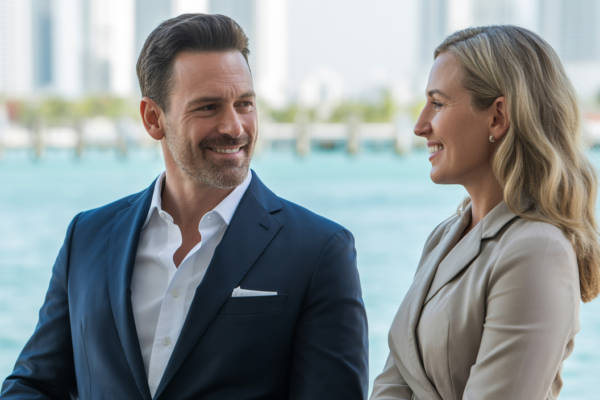 Photorealistic image of a well-dressed professional couple on a curated date in a stylish Miami waterfront lounge representing Miami matchmaking services